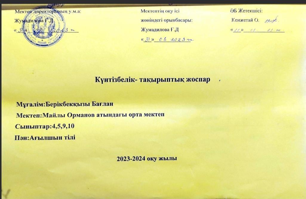 Ағылшын тілі пәні мұғалімі Берікбекқызы Бағланның күнтізбелік-тақырыптық жоспары 2023-2024 оқу жылы